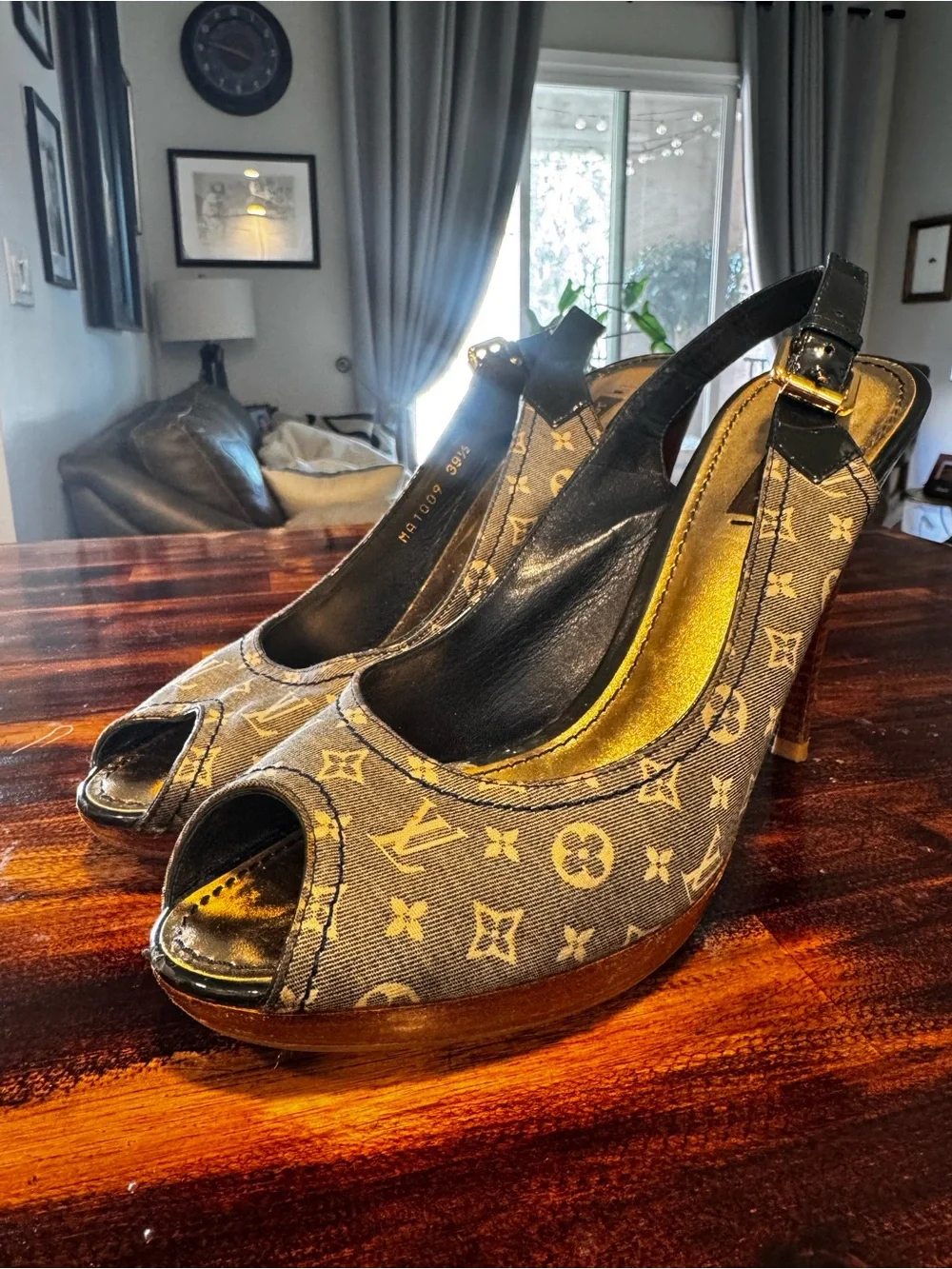 Louis Vuitton Gray Monogram Peep-Toe Slingback Heels - Picture 3 of 7